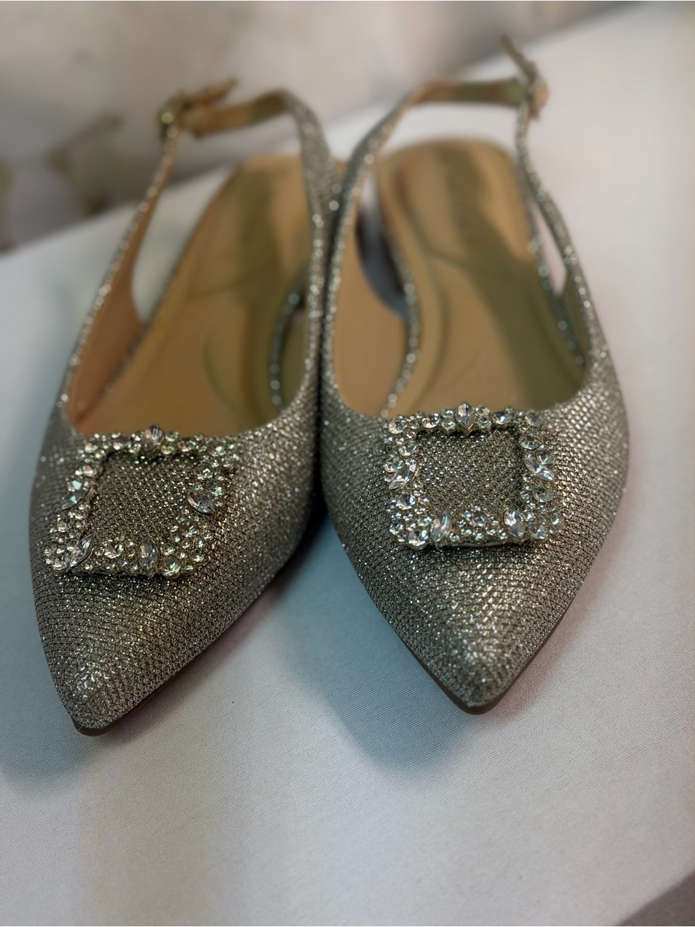 Anne Klein Silver Rhinestone Buckle Pointed Slingback Flats